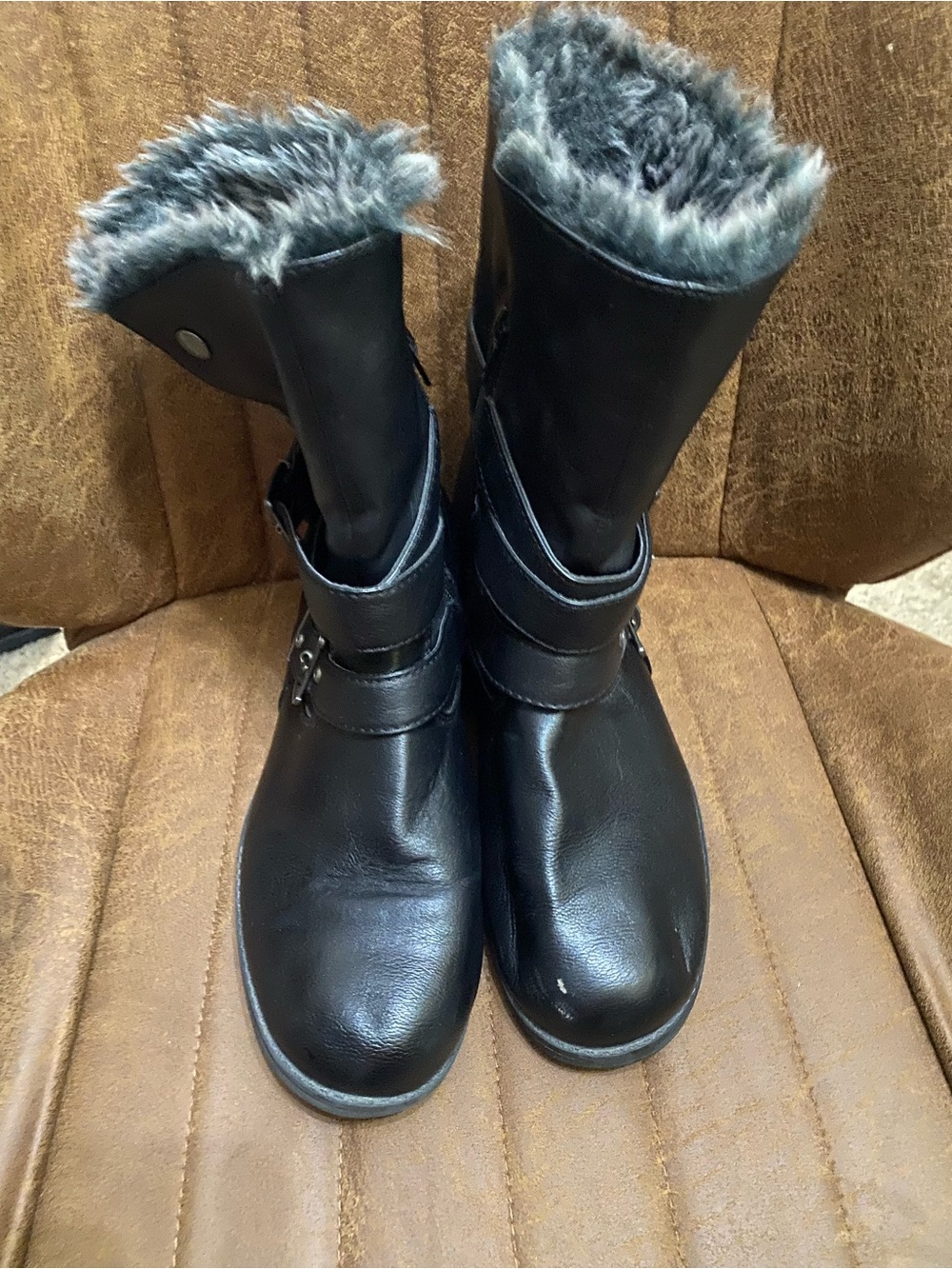 Women's Black Faux-Fur Combat Boots with Strap Detail